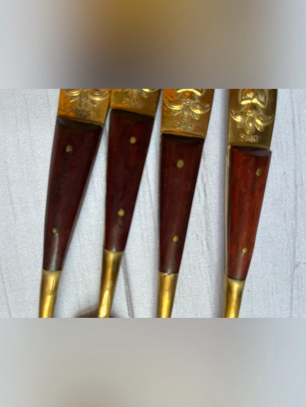 Vintage Siamese/Thai brass & rosewood cocktail appetizer salad dessert fork. 4pc